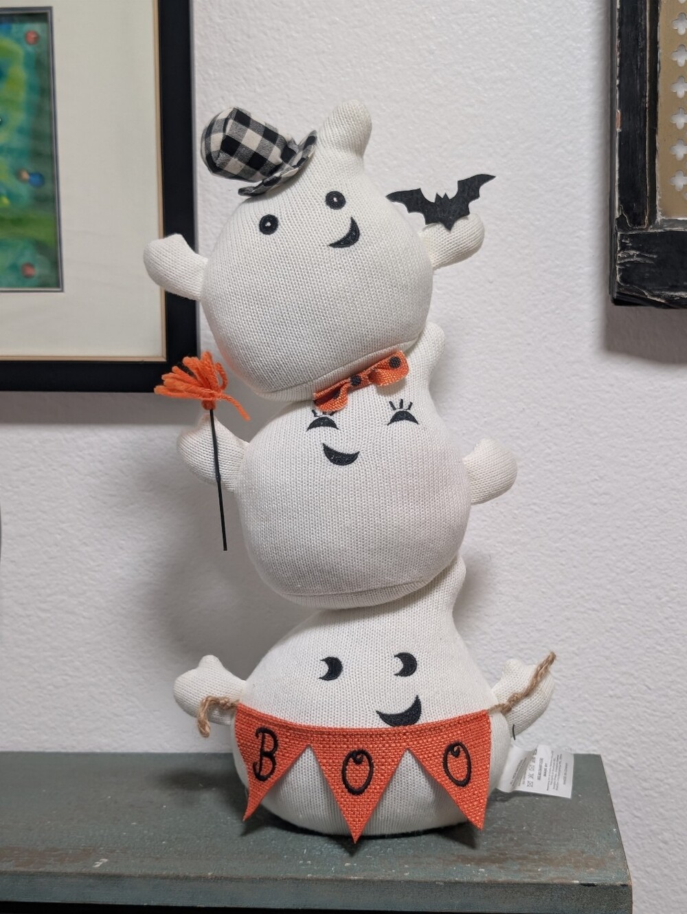 Halloween Ghost Party Stacked Trio Ghost Shelf Sitter Tabletop Decor 17" Boo Bat